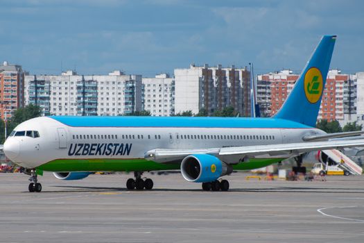 July 2, 2019, Moscow, Russia. Airplane Boeing 767-300 Uzbekistan Airways at Vnukovo airport in Moscow.