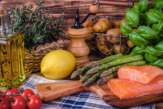 Set of fresh products for healthy food on wooden table on a rustic wooden background. selective focus