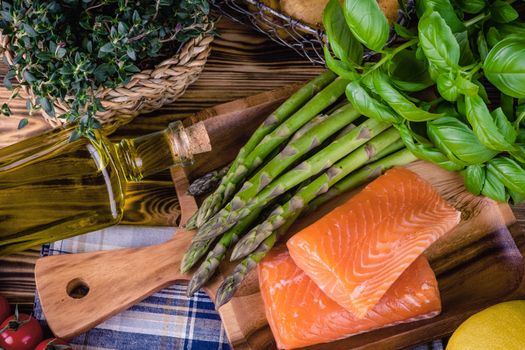 Set of fresh products for healthy food on wooden table on a rustic wooden background. selective focus