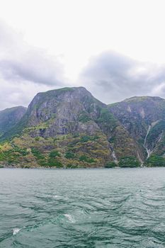 Norwegian beautiful mountain and fjord landscape in Aurlandsfjord Aurland Vestland Sognefjord in Norway.