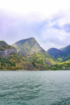 Norwegian beautiful mountain and fjord landscape in Aurlandsfjord Aurland Vestland Sognefjord in Norway.