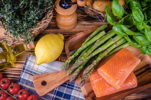 Set of fresh products for healthy food on wooden table on a rustic wooden background. selective focus