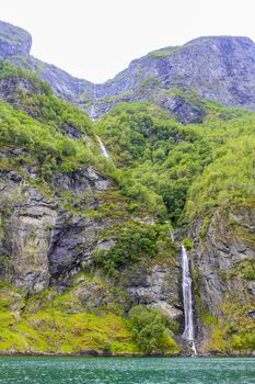 Waterfall in Aurlandsfjord Aurland Vestland Sognefjord in Norway.