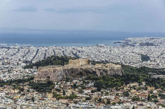 view of the acropolis the city of Athens to the port of Piraeus and on the horizon you get to glimpse the island of egina