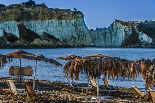 View of cliffs and rock formations near the beach of Gerakas on the island of Zakynthos