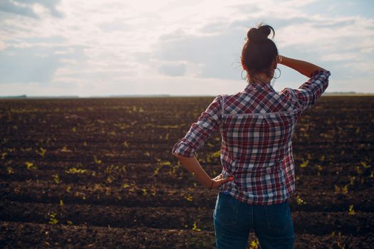 Woman farmer standing and looking agricultural field soil.