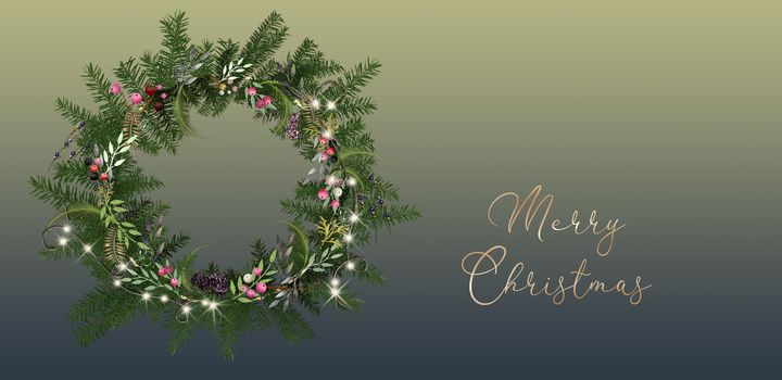 Elegant festive greeting card. Christmas wreath, lights, gold season wishes Merry Christmas on pastel background. Mock up, place for text. 3D illustration