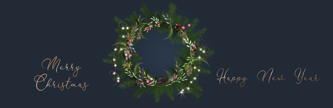 Christmas banner for festive period. Xmas wreath, glowing lights on trendy blue background. Text Merry Christmas Happy New Year. 3D illustration