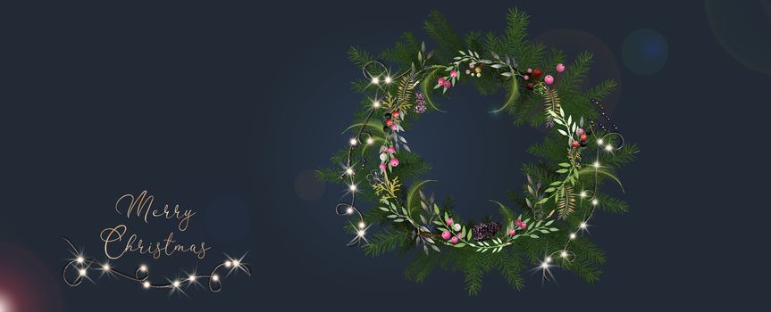 Christmas card design. Dark greeting 3D illustration of wreath with glowing garland lights. Horizontal poster. Text Merry Christmas.