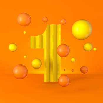 Warm minimal yellow sparkling font Number 1 ONE 3D render illustration isolated on orange background