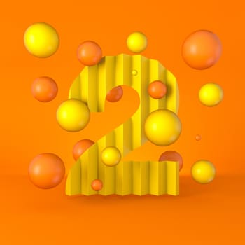 Warm minimal yellow sparkling font Number 2 TWO 3D render illustration isolated on orange background