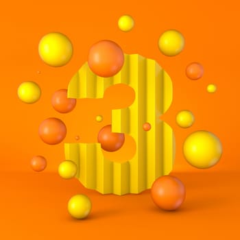 Warm minimal yellow sparkling font Number 3 THREE 3D render illustration isolated on orange background