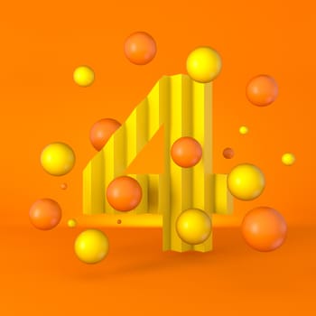Warm minimal yellow sparkling font Number 4 FOUR 3D render illustration isolated on orange background
