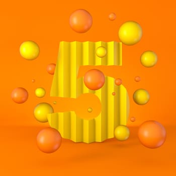 Warm minimal yellow sparkling font Number 5 FIVE 3D render illustration isolated on orange background