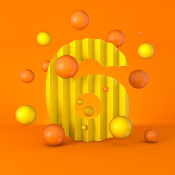 Warm minimal yellow sparkling font Number 6 SIX  3D render illustration isolated on orange background