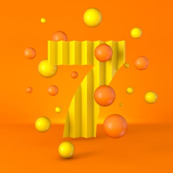 Warm minimal yellow sparkling font Number 7 SEVEN 3D render illustration isolated on orange background