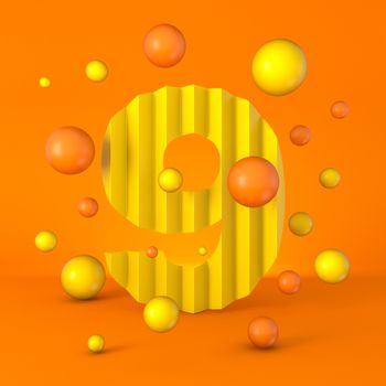 Warm minimal yellow sparkling font Number 9 NINE 3D render illustration isolated on orange background