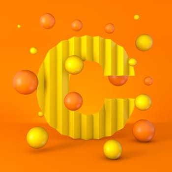 Warm minimal yellow sparkling font Letter C 3D render illustration isolated on orange background