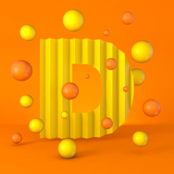 Warm minimal yellow sparkling font Letter D 3D render illustration isolated on orange background