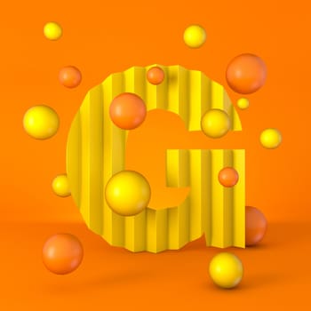 Warm minimal yellow sparkling font Letter G 3D render illustration isolated on orange background