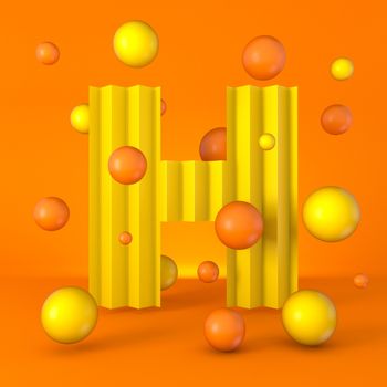 Warm minimal yellow sparkling font Letter H 3D render illustration isolated on orange background