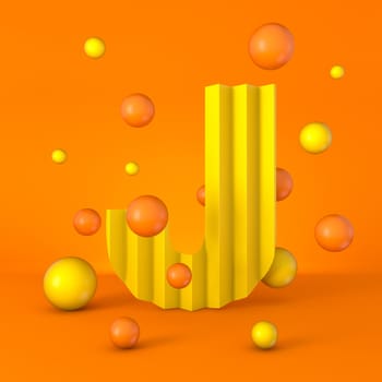 Warm minimal yellow sparkling font Letter J 3D render illustration isolated on orange background