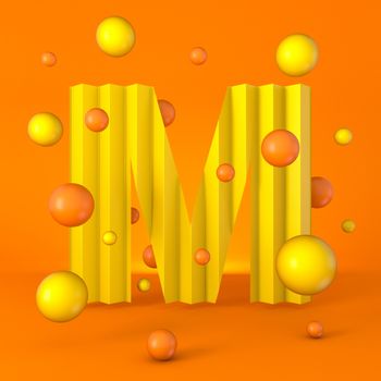Warm minimal yellow sparkling font Letter M 3D render illustration isolated on orange background