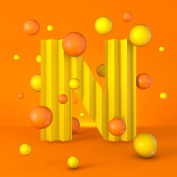 Warm minimal yellow sparkling font Letter N 3D render illustration isolated on orange background