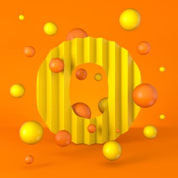 Warm minimal yellow sparkling font Letter O 3D render illustration isolated on orange background