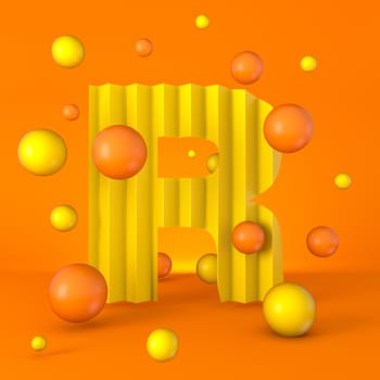 Warm minimal yellow sparkling font Letter R 3D render illustration isolated on orange background