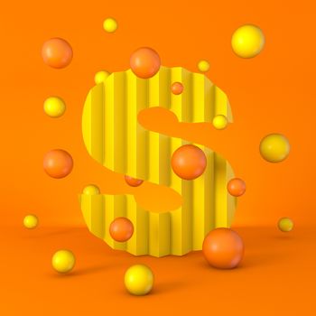 Warm minimal yellow sparkling font Letter S 3D render illustration isolated on orange background