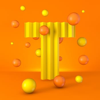 Warm minimal yellow sparkling font Letter T 3D render illustration isolated on orange background