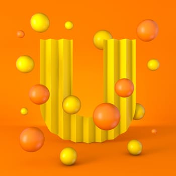 Warm minimal yellow sparkling font Letter U 3D render illustration isolated on orange background