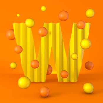 Warm minimal yellow sparkling font Letter W 3D render illustration isolated on orange background