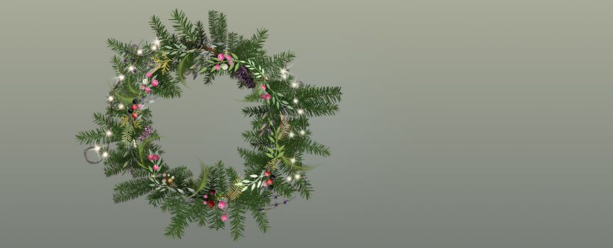 Christmas background with winter festive wreath on pastel background. Design for Christmas New Year banner, card. 3D illustration