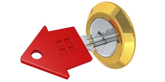 Red house key in to the lock, 3D rendering