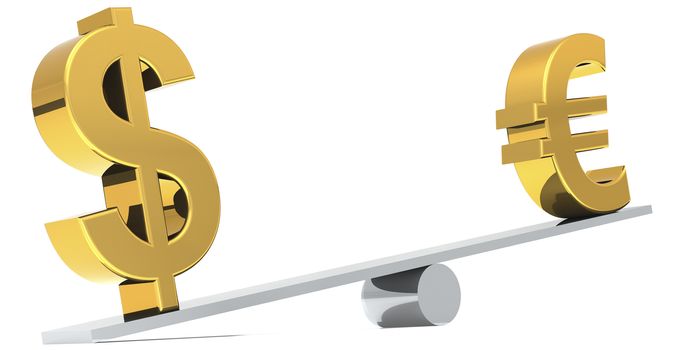 Dollar and euro sign on the balance bar, 3D rendering