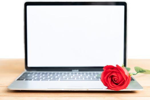 Red rose and laptop mockup on white background, Valentine concept