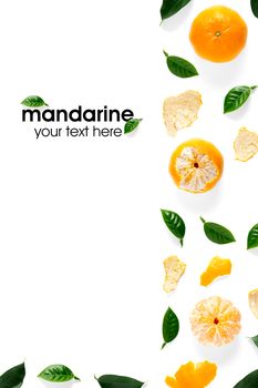 Creative layout of mandarines. tangerines,Unpeeled and peeled ripe tangerines, mandarines, clementines with leaves isolated on white background. Modern flat lay in minimal style of orange citruces with sample text