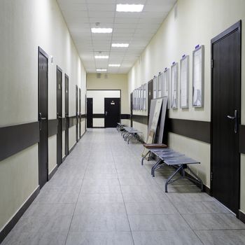 empty corridor in the modern office building. There are many brown doors along a very long corridor with beige walls.