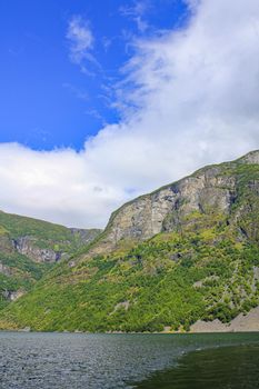 Norwegian beautiful mountain and fjord landscape in Aurlandsfjord Aurland Vestland Sognefjord in Norway.