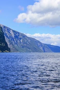 Norwegian beautiful mountain and fjord landscape in Aurlandsfjord Aurland Vestland Sognefjord in Norway.