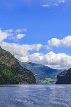 Norwegian beautiful mountain and fjord landscape in Aurlandsfjord Aurland Vestland Sognefjord in Norway.