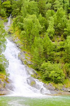 Waterfall in Aurlandsfjord Aurland Vestland Sognefjord in Norway.