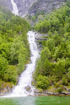 Waterfall in Aurlandsfjord Aurland Vestland Sognefjord in Norway.