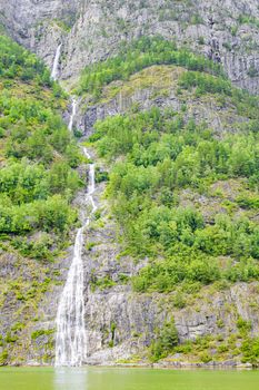 Waterfall in Aurlandsfjord Aurland Vestland Sognefjord in Norway.