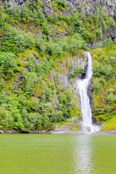 Waterfall in Aurlandsfjord Aurland Vestland Sognefjord in Norway.