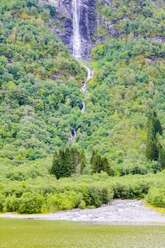 Waterfall in Aurlandsfjord Aurland Vestland Sognefjord in Norway.