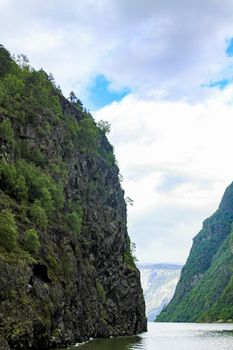 Norwegian beautiful mountain and fjord landscape in Aurlandsfjord Aurland Vestland Sognefjord in Norway.