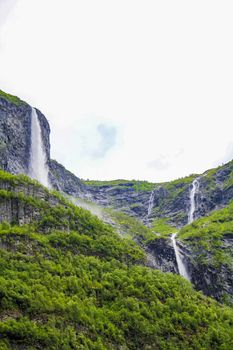 Waterfalls in Aurlandsfjord Aurland Vestland Sognefjord in Norway.